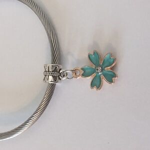 Gold with Blue Enamel‎ Flower Dangle Charm for Pandora Style Bracelet
